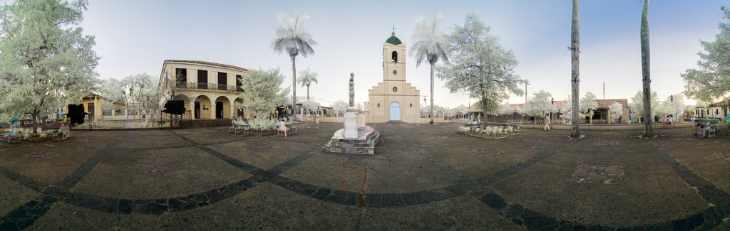 Color infrared panoramic photo of Viñales Town Square, Cuba