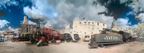 Color infrared panorama of Train Restoration Project Behind the Capitolio, Havana, Cuba