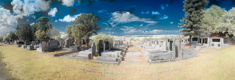 Color infrared panoramic photo of Centro Macabeo Cemetery, Guanabacoa, Havana, Cuba