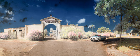 Color infrared panoramic photo of Centro Macabeo Cemetery Front Gate, Guanabacoa, Havana, Cuba