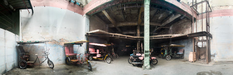 Color infrared panorama of Pedicab Parking Garage, Central Havana, Cuba