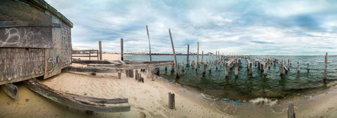 Color infrared panorama of Dock Ruins Behind Old Reliable Fish House, Provincetown