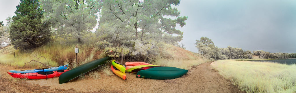 Color infrared panorama of Canoes & Kayaks at Salt Pond, Eastham