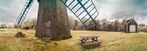Color infrared panorama of Higgins Farm Windmill, Brewster
